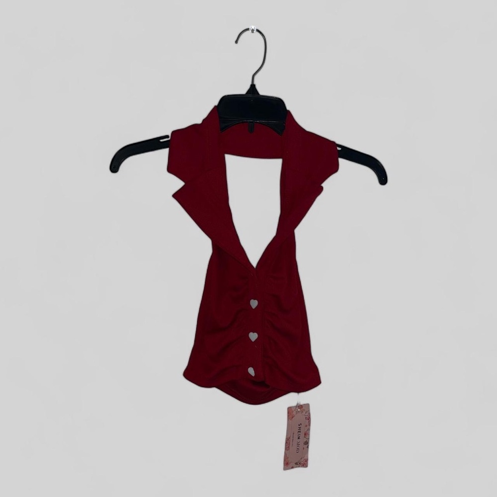 SHEIN MOD Ruched Button Front
Halter Suit Lapel Red Summer Top